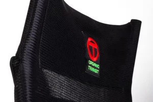 Black mesh chair with Organic Transit logo.