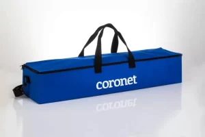 Blue carrying case with black handles.