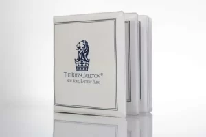 Ritz-Carlton New York branded coasters stack.