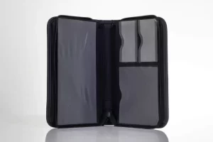 Open black organizer with card slots.