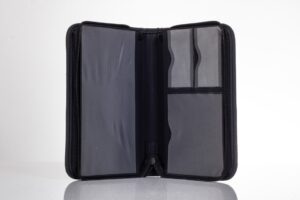 Open black organizer with empty pockets.