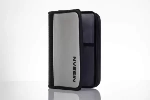 Nissan-branded gray and black zippered pouch.