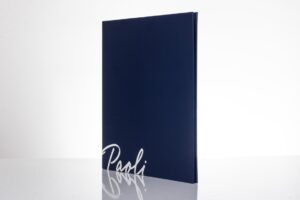 Blue folder with reflective surface and text.