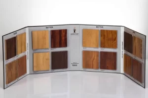 Wood flooring samples in a display booklet.