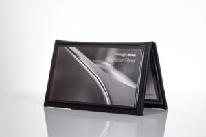 Stainless steel product display with black frame.