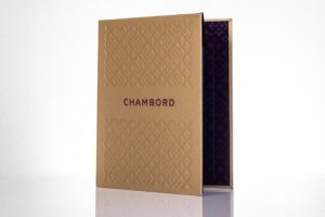 Gold embossed Chambord box with purple interior.