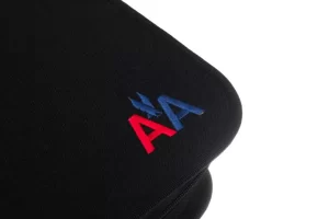 Black fabric with red and blue logo.