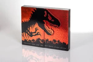 Red dinosaur-themed movie collection box set.
