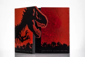 Red dinosaur-themed book cover with silhouette.