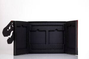 Open black box with dinosaur design.