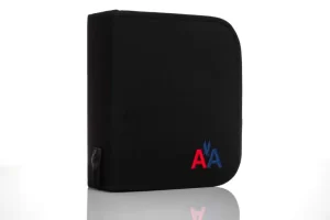 Black case with red and blue logo.