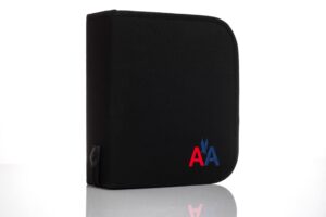 Black binder with red and blue logo.
