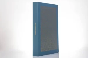Blue book with gold-patterned cover design.
