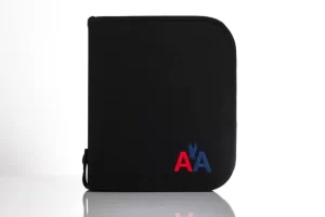 Black zippered case with AA logo.