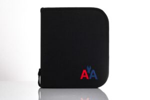 Black folder with red and blue logo.