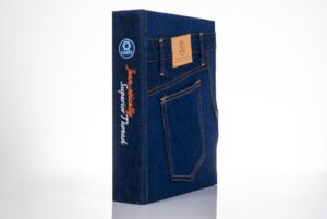 Book resembling denim jeans with pocket design.