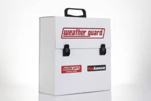 White Weather Guard toolbox with handle.