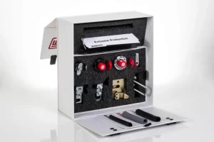 Safety lockout kit with various components.