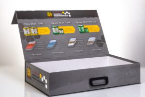 Open product display box with informational graphics.