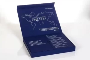 Blue presentation box with world map design.