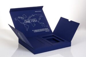 Blue presentation box with world map design.