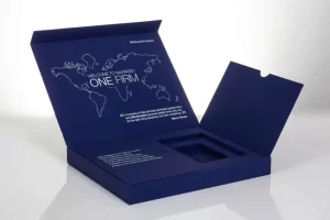 Blue presentation box with world map design.