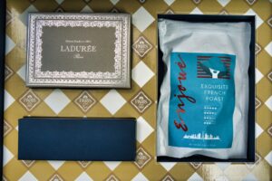 Gift box with Ladurée and coffee package.