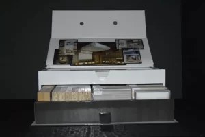 Open box with organized contents inside.