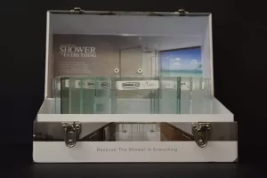 Shower display case with glass samples.