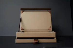 Open cardboard box with lid and drawer.