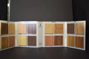Wood finish samples displayed in a catalog.