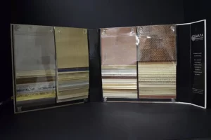 Sample boards with various material swatches.