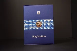 Blue PlayStation box with wave pattern design.