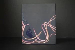 Abstract art with glowing swirling lines.