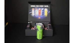 Green Red Bull can with promotional display.