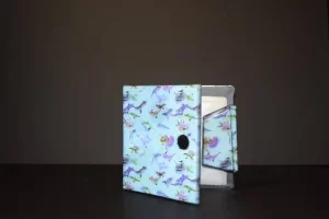 Colorful dinosaur-patterned tablet case on display.