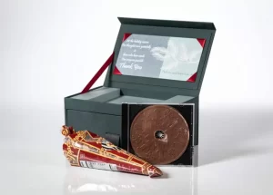 Chocolate disc and gift box display.