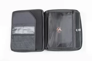 Open black organizer with pockets and logo.
