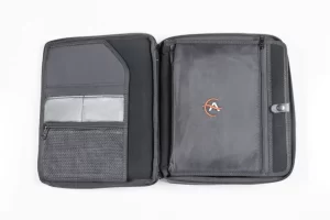 Open black leather portfolio with pockets.