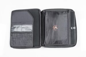 Black open zipper organizer with pockets.