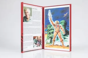 Open book with illustrated superhero character. Open book with illustrated superhero character.