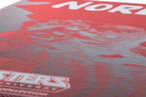 Red and black textured graphic design.