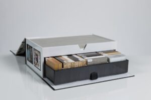 Sample box with various material swatches.