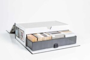 Sample box with various material swatches.