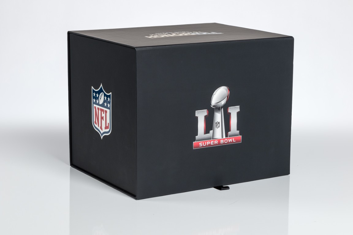 Black box with NFL Super Bowl logo.