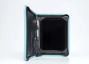 Tablet in turquoise case with pen holder.