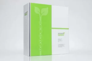 Green and white seed packaging box.