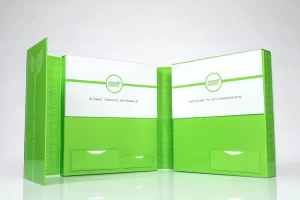 Green and white eco-friendly packaging boxes.