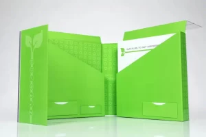 Green folder with leaf design and pockets.