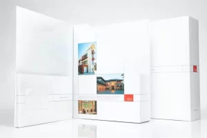 White packaging with architectural photo highlights.